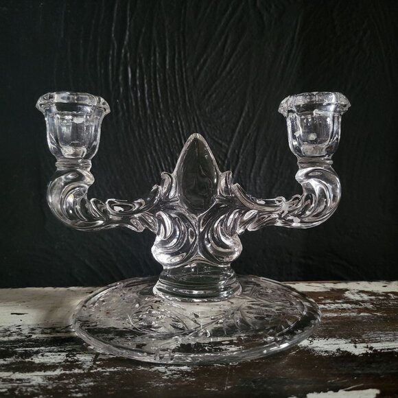 Vintage New Martinsville Clear Glass Double Candle Holder With Floral Design - Picture 1 of 6